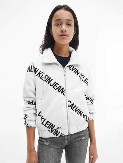 Calvin Klein Ruhák HU368912 | Calvin Klein Polar Fleece All-Over Logo Női Dzseki Fehér